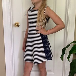 Navy white striped sleeveless dress with lace 8T